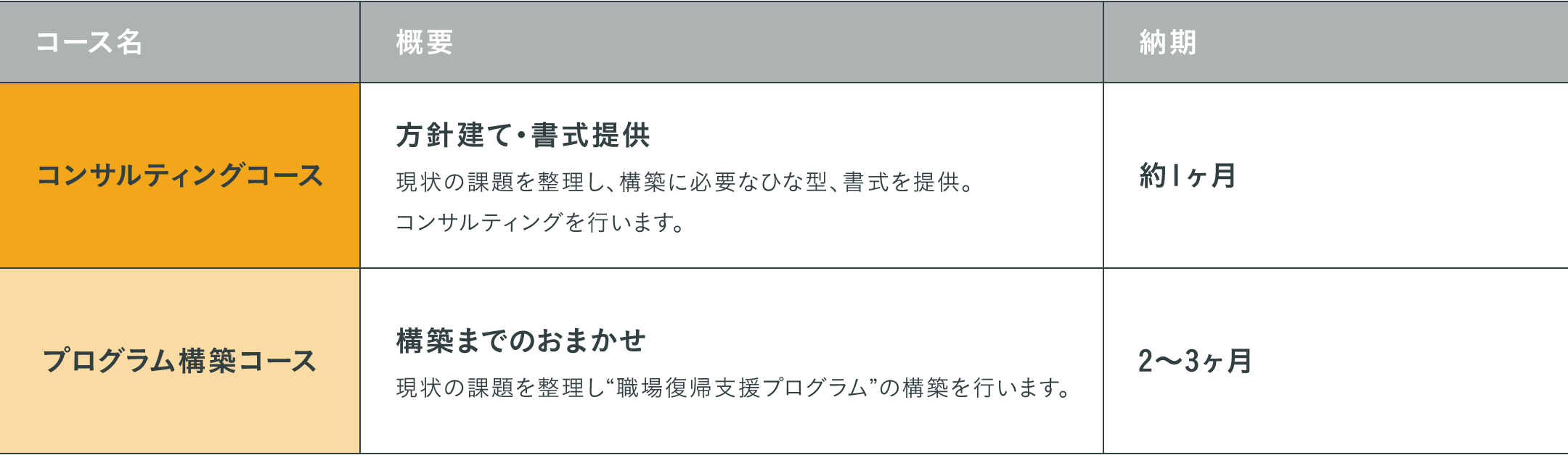 コンサルティングコースは方針建て・書式提供 納期は約1ヶ月 プログラム構築コースは構築までお任せ 納期は2～3ヶ月